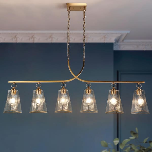 LNC Sduiaor 54.3 in. 6-Light Transitional Brass Linear Chandelier with Textured Glass Shades, No Bulb Included
