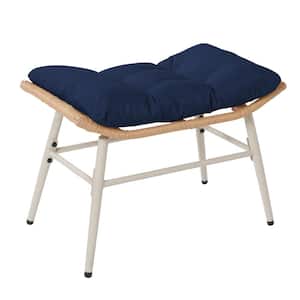 Beige Wicker Outdoor Curved Ottoman with Navy Blue Cushion