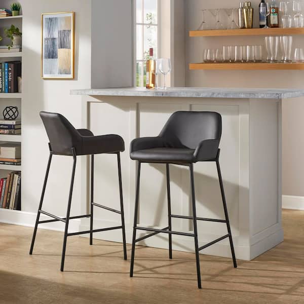 Daniella 38 in. Black Faux Leather and Black Metal Fixed-Height Bar Stool (Set of 2)