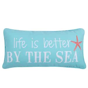 Teal and White Life Is Better by The Sea Starfish Print Coastal 12 in. x 24 in. Throw Pillow