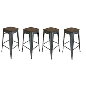 30 in. Brown and Gunmetal Backless Metal Bar Chair with Wood Seat Set of 4