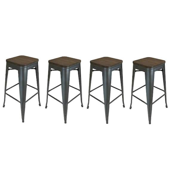 HomeRoots 30 in. Brown and Gunmetal Backless Metal Bar Chair with Wood Seat Set of 4