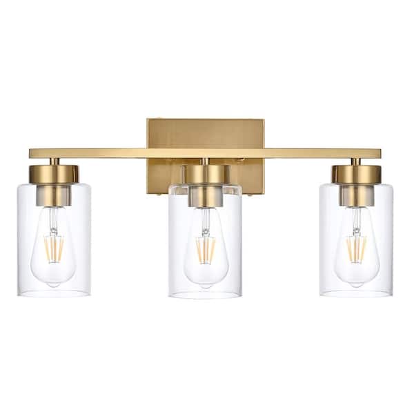 3-Light Brushed Gold Indoor Bathroom Vanity Light, Clear Glass Shades, Anti-Rust Metal, 17.8 x 10