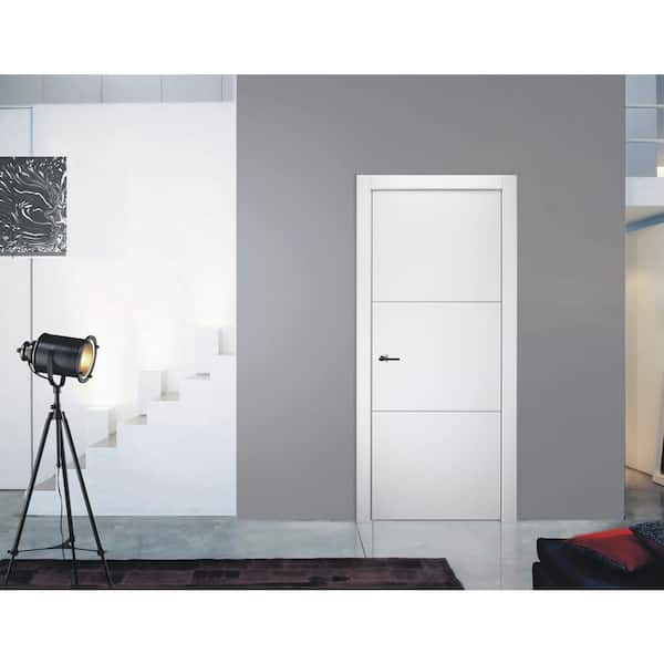 30 in.x 80 in. Stella 2H Snow White Finished Aluminum Strips Left-Hand Solid Core Composite Single Prehung Interior Door