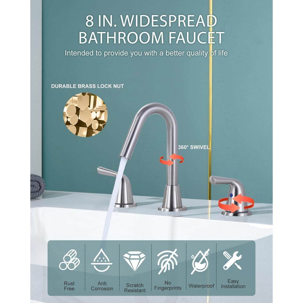 Brushed Nickel 8-Inch Double Handle Widespread Bathroom Faucet