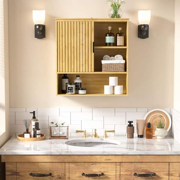23.23 in. W x 7.76 in. D X 24.02 in. H Bamboo Bathroom Wall Cabinet with Sliding Fluted Door in Yellow
