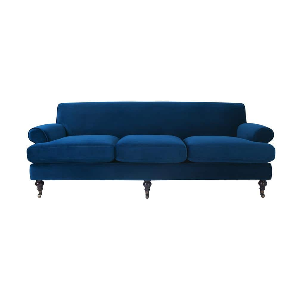 Jennifer Taylor Alana 88 in. Rolled Arm Lawson French Country Velvet Three-Cushion Tightback Sofa Couch with Metal Casters in Navy Blue