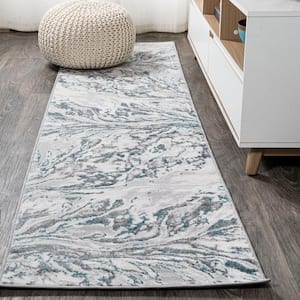 Swirl Marbled Abstract Gray/Turquoise 2 ft. x 10 ft. Runner Rug