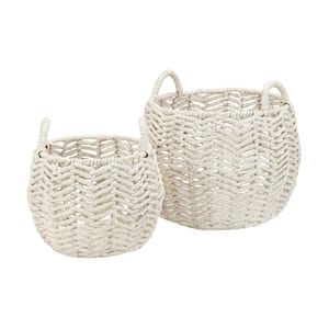 Ivory Round Water Hyacinth Decorative Basket with Handles (Set of 2)
