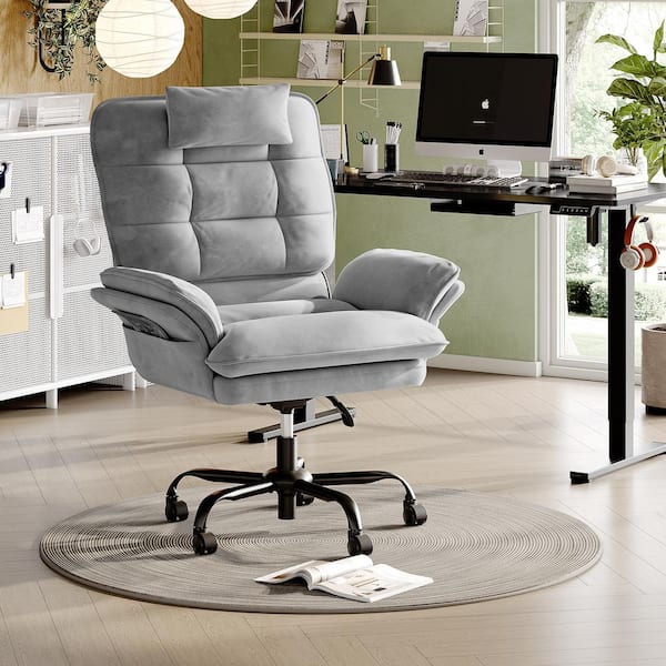 Velvet Adjustable Height Cross-Legged Office Chair in Gray w/ Flip-up Arms, High-Back Executive Chair with Headrest