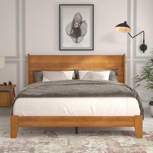 GALANO Abby Retro Amber Walnut Wood Frame Queen Platform Bed With Headboard