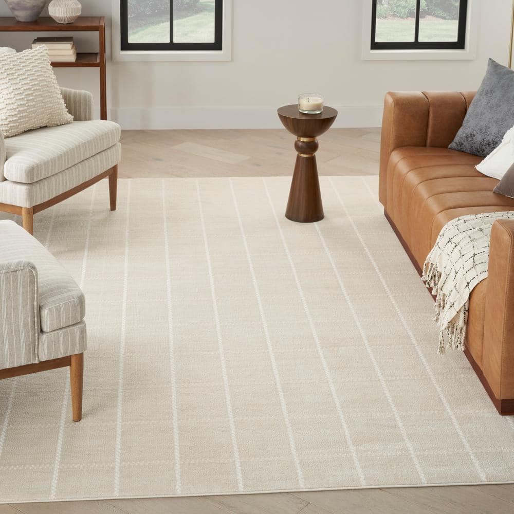 Ivory Geometric 5' x 7' Synthetic Easy Care Rug