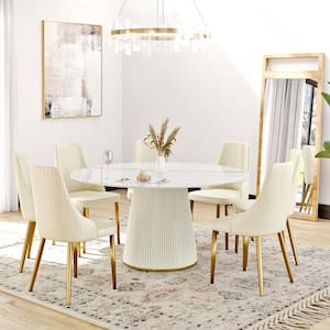 59.05 in. Round Sintered Stone Tabletop Kitchen Dining Table with White Pedestal Metal Base (8 Seats)