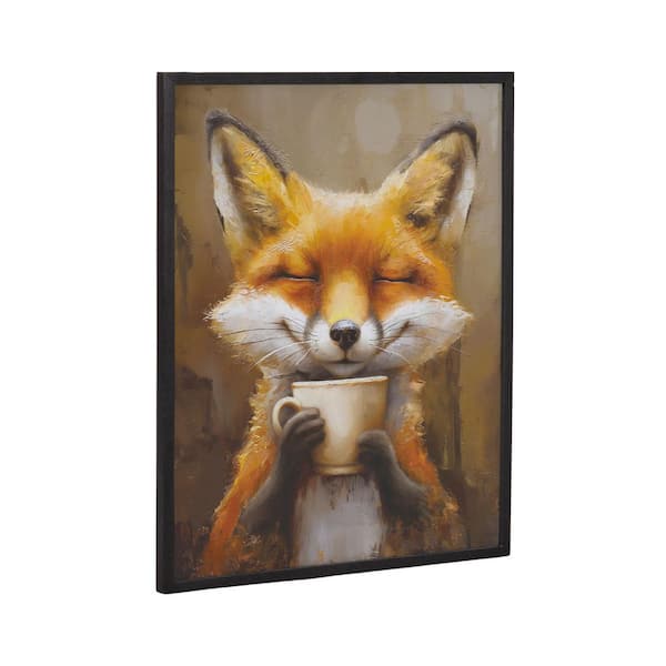 Kate and Laurel Gallery Happy Fox Traditional Coffee Tea Cup by The Creative Bunch Studio Black Framed Art Print 16 in. x 20 in.