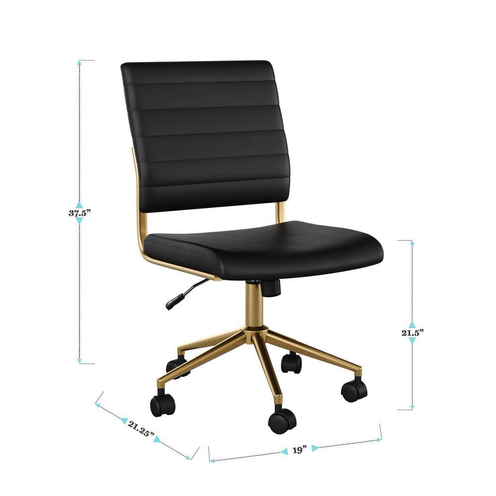 Black Faux Leather Armless Swivel Office Chair with Brass Frame