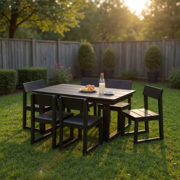 7-Piece Black All-Weather HDPE Wood Outdoor Dining Set with Umbrella Hole and 6 Armless Chairs
