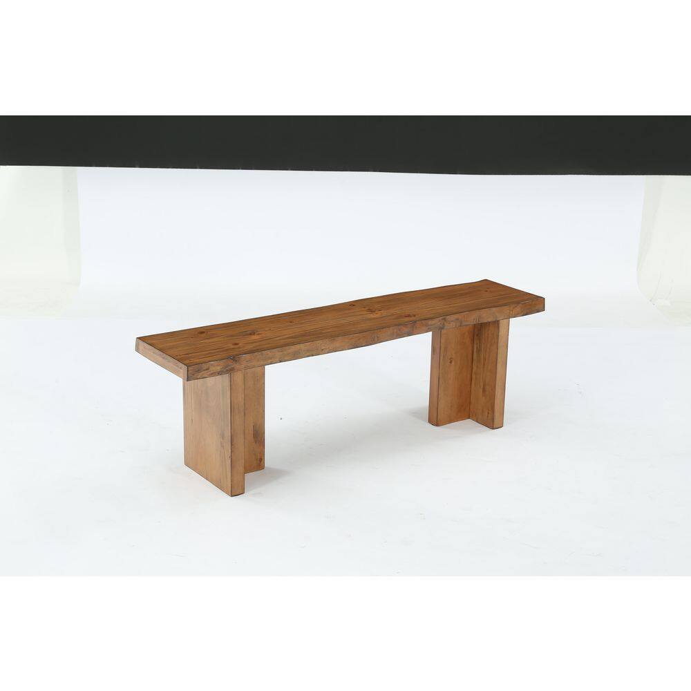 55 in. Gold Brown Solid Wood Long Entryway Dining Bench with Simple Legs, Live Edge Minimalist Wood Bench Seat