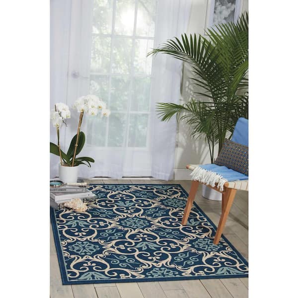 Caribbean Navy 4 ft. x 6 ft. Floral Modern Indoor/Outdoor Patio Area Rug