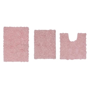 Bell Flower Collection 100% Cotton Tufted Bath Rug, 3-Pcs Set with Contour, Pink