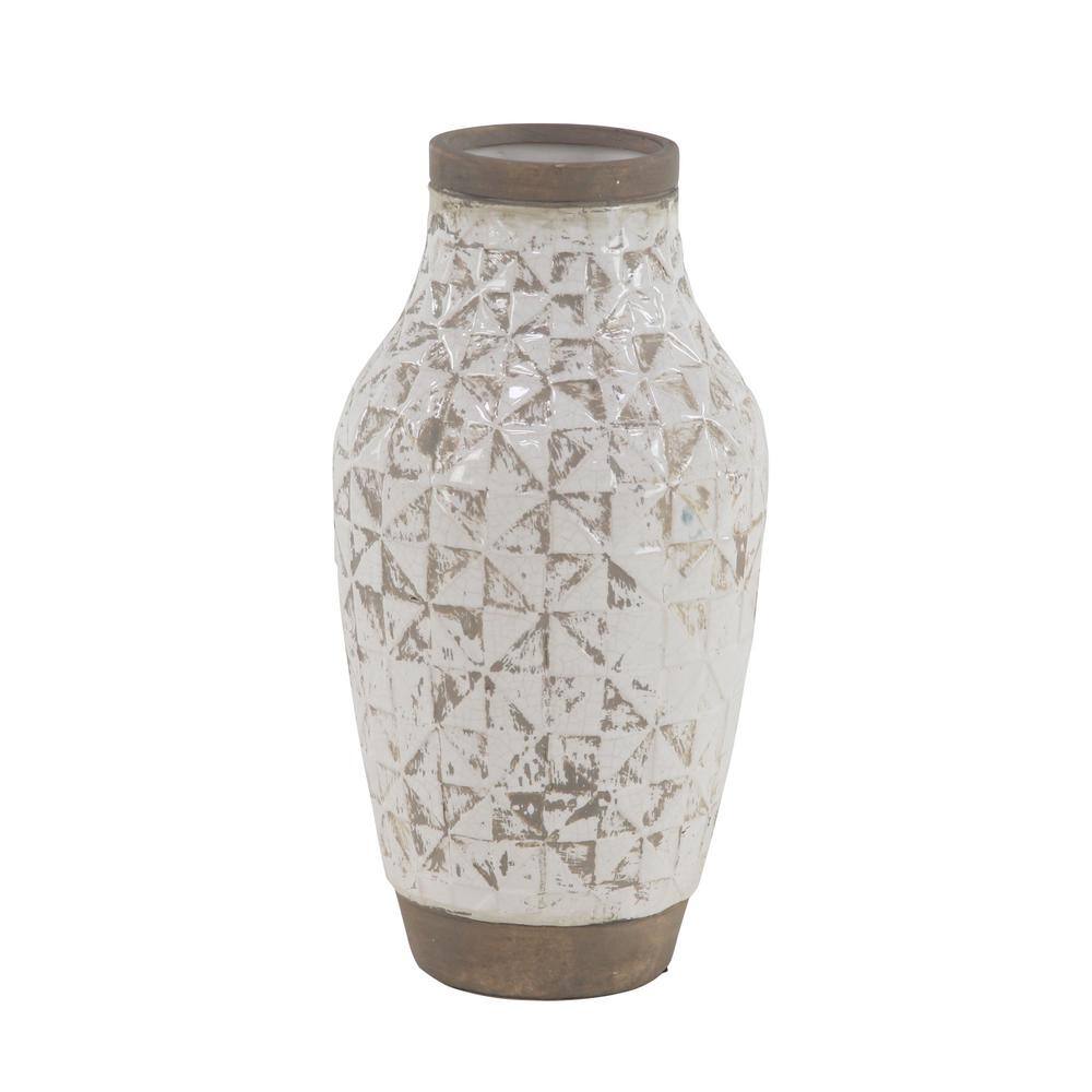 Elegant White Ceramic Table Vase with Geometric Accents 16.25"
