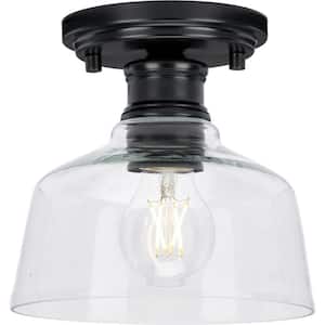 Singleton 7.62 in. 1-Light Matte Black Small Semi-Flush Mount Light with Clear Glass Shade