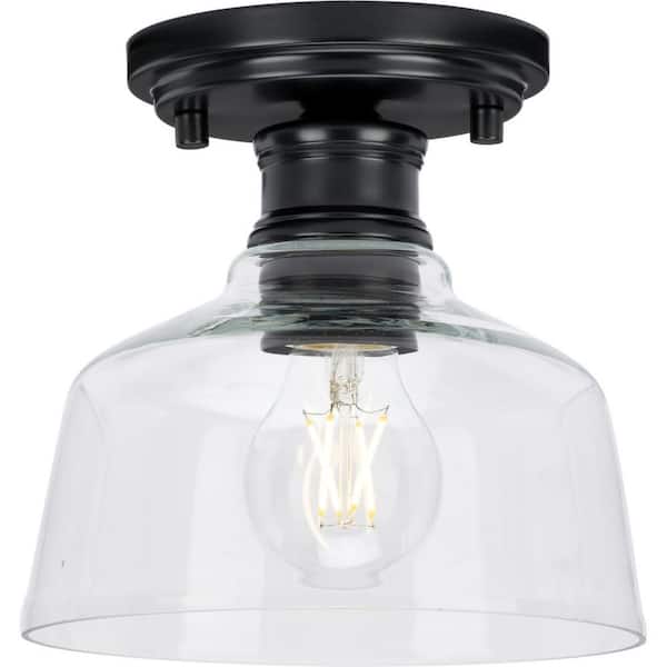 Progress Lighting Singleton 7.62 in. 1-Light Matte Black Small Semi-Flush Mount Light with Clear Glass Shade