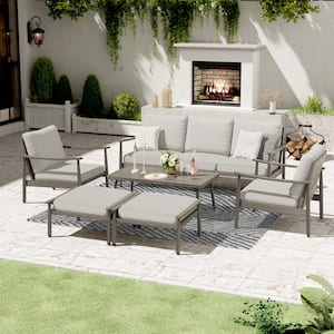 6-Piece Aluminum Patio Conversation Set with Coffee Table, Ottomans and Gray Cushions