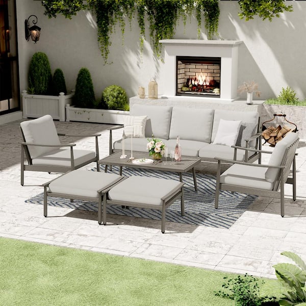 EGEIROSLIFE 6-Piece Aluminum Patio Conversation Set with Coffee Table, Ottomans and Gray Cushions
