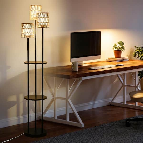 CACI Mall 65 in. Black Boho 3-Light Tree Floor Lamp with Shelves