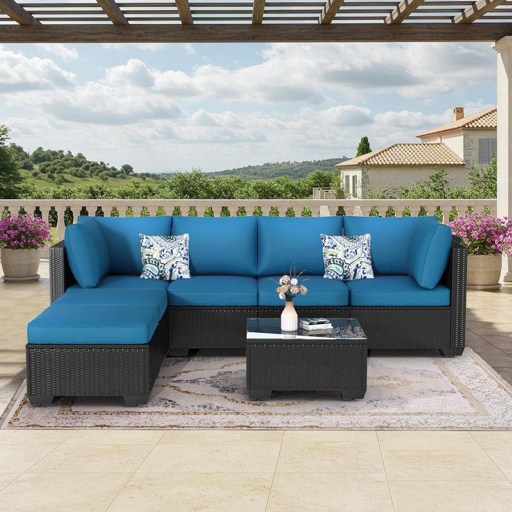 Tenleaf 7-Piece Wicker Patio Conversation Set with Blue Cushions FCBF15 ...