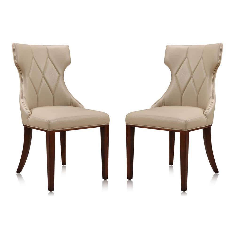 Reine Cream Faux Leather Upholstered Dining Side Chair Set with Walnut Wood Legs
