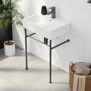 Turner 24 in. Vitreous China White Console Sink Basin and Matte Black Stainless Steel Legs Combo with Overflow