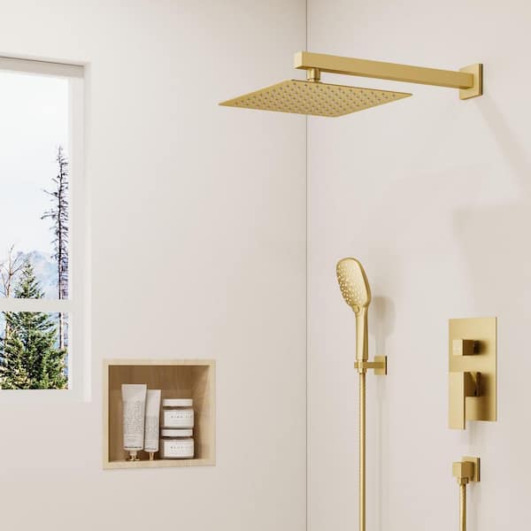 2-Handles 4-Spray Shower Faucet 2.5 GPM with 10in. Adjustable Head and 3-Modes Handheld in Brushed Gold (Valve Included)