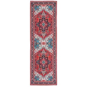 Tuscon Red/Blue 3 ft. x 10 ft. Machine Washable Floral Runner Rug