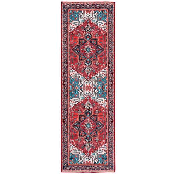 SAFAVIEH Tuscon Red/Blue 3 ft. x 12 ft. Machine Washable Floral Runner Rug
