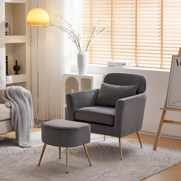 Karl home Dark Grey Velvet Arm Chair with Ottoman