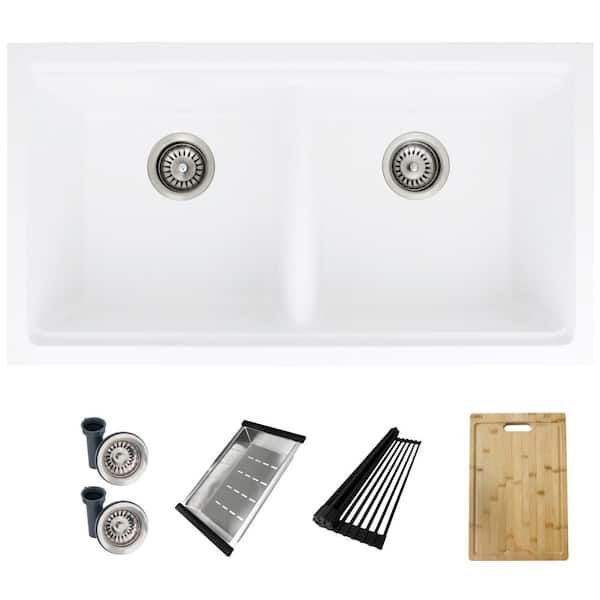 Dual Mount 33 inch White Composite Granite Double Bowl Workstation Kitchen Sink with Accessories