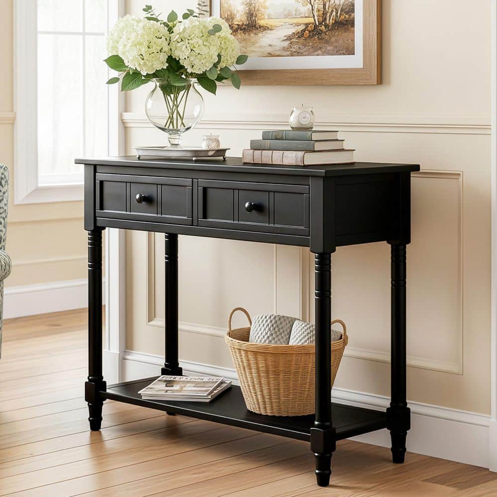 Noble House Weylorn 35.34 in. Black Rectangle MDF Wood Console Table ...