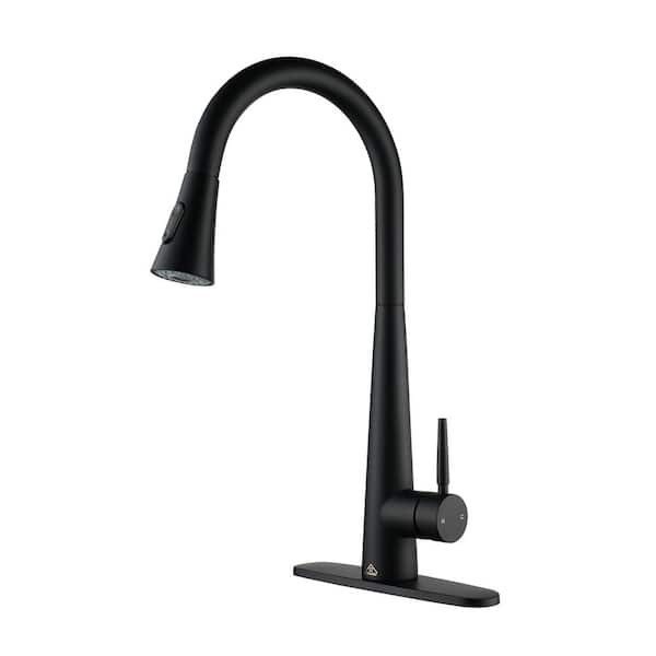 Boyel Living 2-Spray Patterns Single Handle Pull Down Sprayer Kitchen Faucet with Deckplate and Water Supply Hoses in Matte Black
