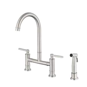 Double Handle Bridge Kitchen Faucet With Side Sprayer in Brushed Nickel