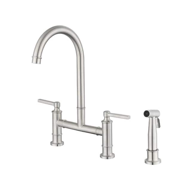 YASINU Double Handle Bridge Kitchen Faucet With Side Sprayer in Brushed Nickel