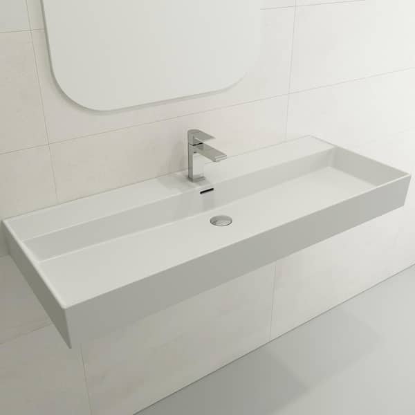 BOCCHI Milano Matte White 47.75 in. 1-Hole Wall-Mounted Fireclay Rectangular Vessel Sink with Overflow