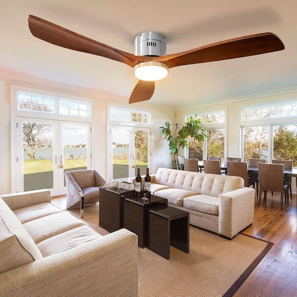 FIRHOT 52 in. Smart Indoor Chrome Flush Mount Solid Wood Brown Blades Ceiling Fan with APP Remote 3-Color Dimmable LED Light