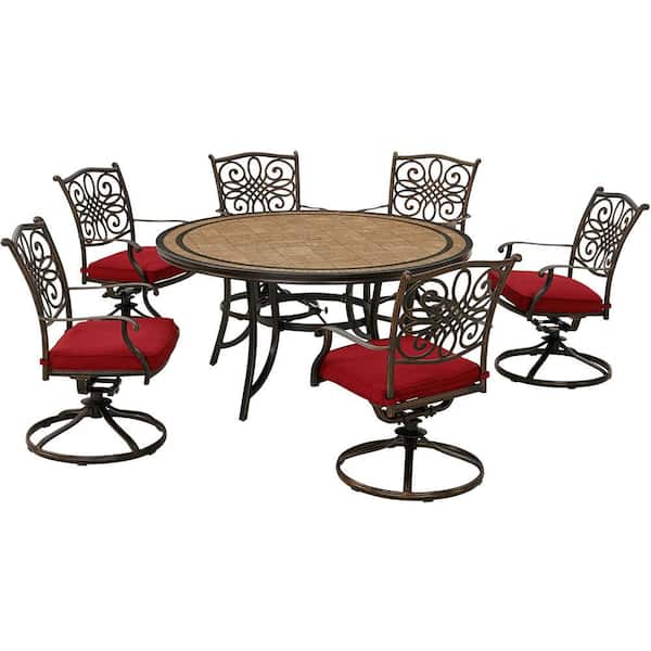 Hanover Monaco 7-Piece Aluminum Outdoor Dining Set with Red Cushions, 6 Swivel Rockers and a 60 in. Tile-Top Table