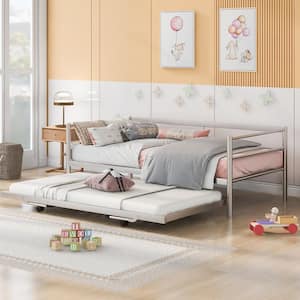 Silver Metal Twin Size Daybed with Adjustable Pop Up Trundle