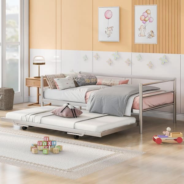 Silver Metal Twin Size Daybed with Adjustable Pop Up Trundle