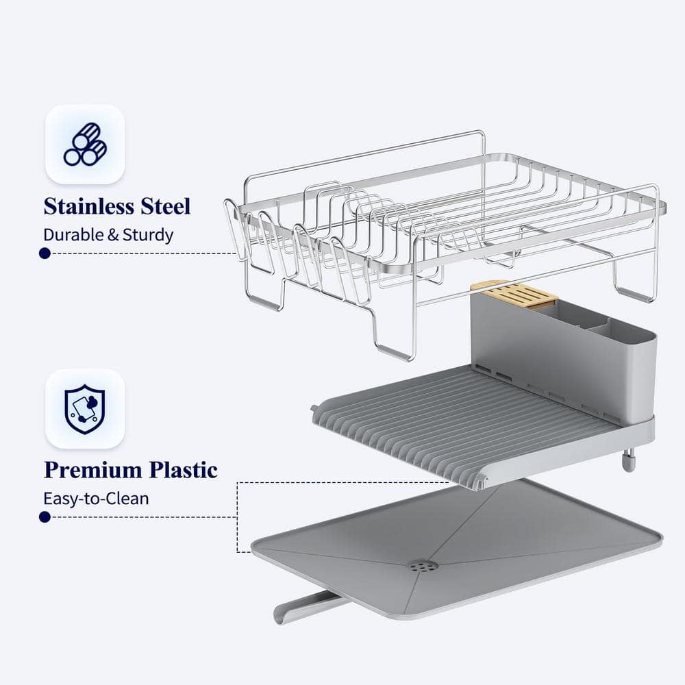Silver Stainless Steel Expandable Dish Drying Rack with Utensil Cup