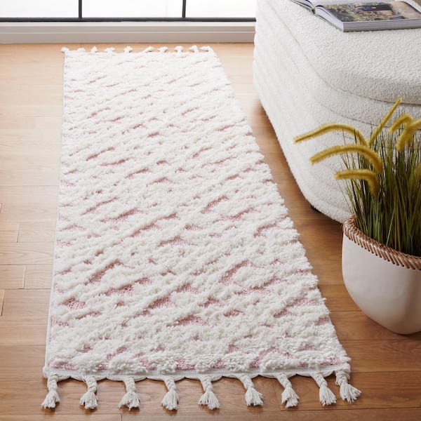 Moroccan Tassel Shag 2 ft. x 6 ft. Ivory/Pink High-Low Geometric Fringe Runner Rug