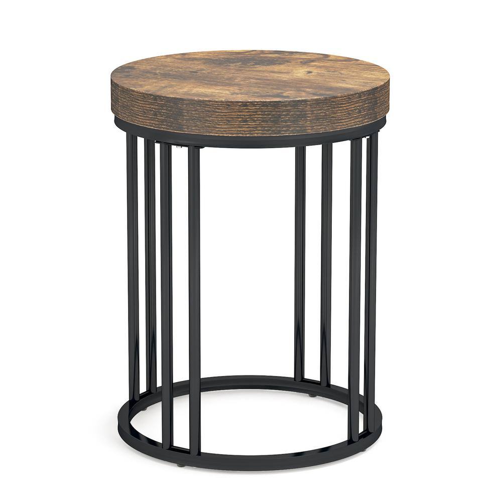 Kerlin 17.7 in. Rustic Brown & Black Round Wood End Table with Metal Frame, Nightstand Bedside Table