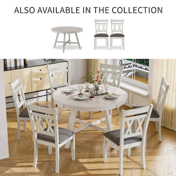 Farmhouse Round Dining Table Set with X-Back Chairs, Upholstered Seats, 7-Piece Wood Gray Dining Set